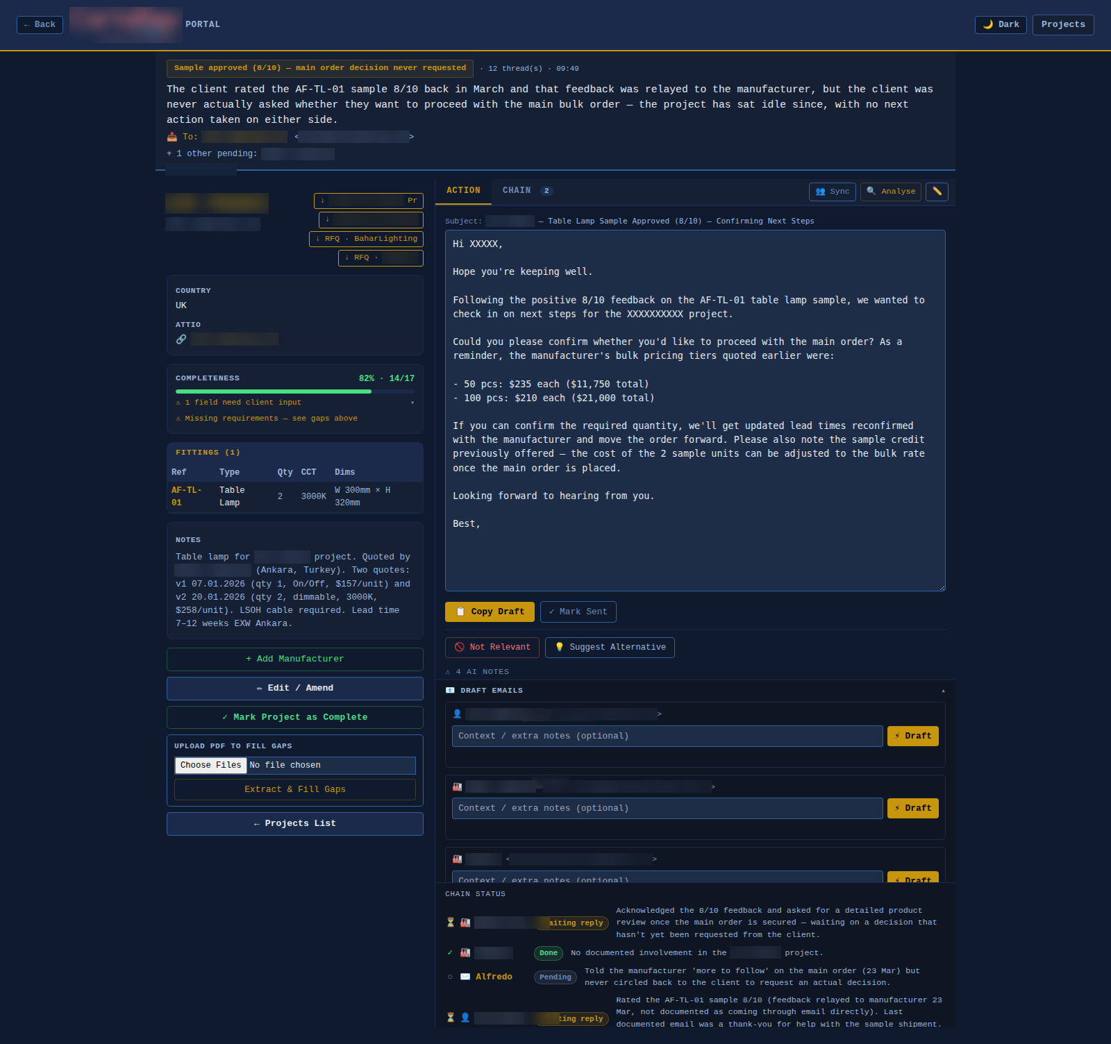 A single project view with AI drafted follow up emails and full negotiation history