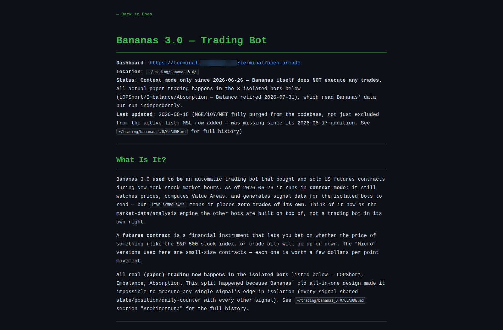 Full technical documentation behind the system, kept current as it evolves