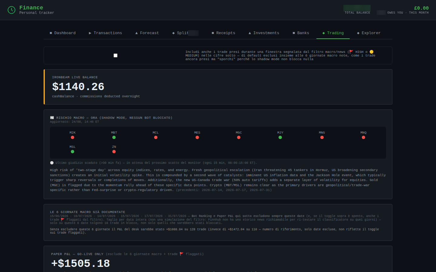 Live trading account balance and paper P&L view inside the same dashboard