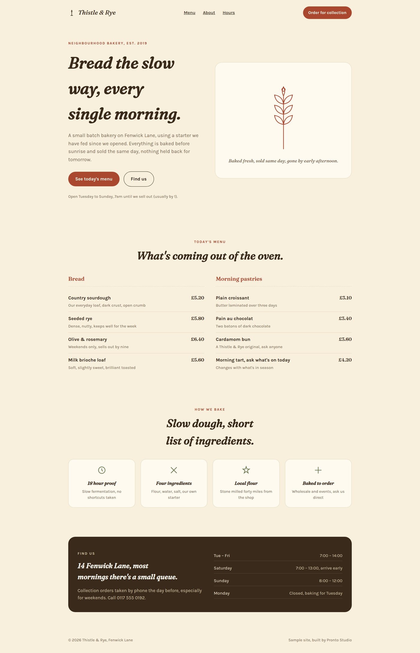 Sample site for a fictional bakery, desktop view