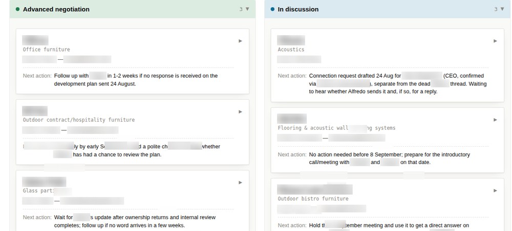 Business development opportunities tracked across multiple negotiations at once
