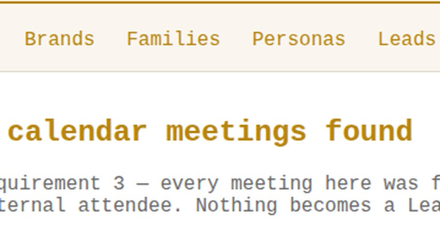 Calendar matched against real meetings, nothing becomes a lead until a human confirms it