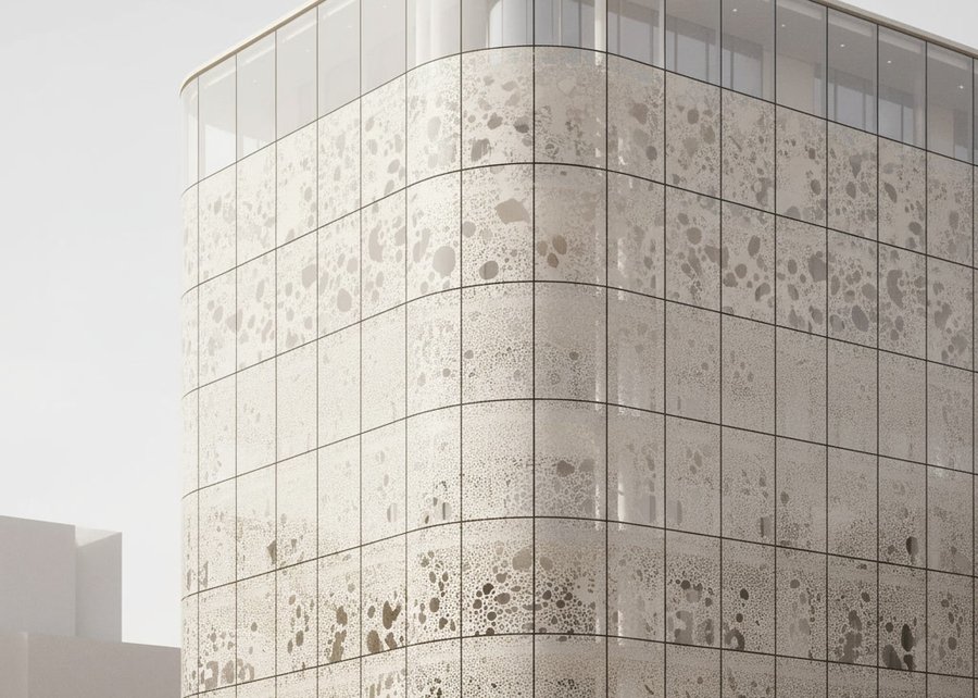 Sample render, a rounded corner office facade, daylight
