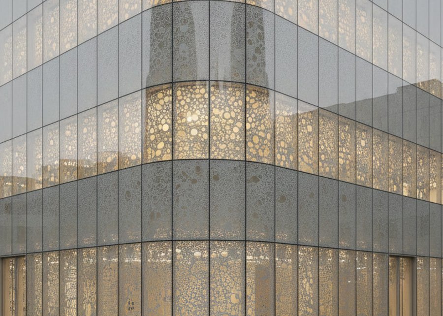 Sample render, a rounded corner office facade, glowing at dusk