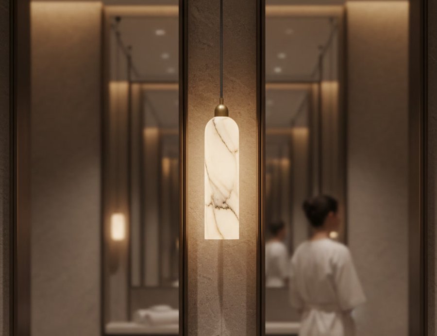 Sample render, a pendant light shown in a bathroom interior