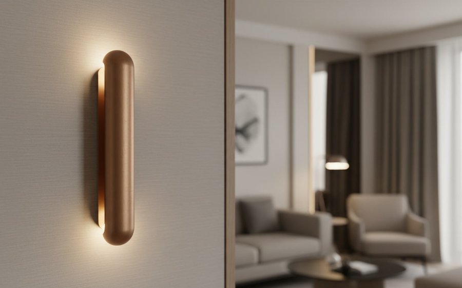 Sample render, a wall light fixture shown in a hotel room setting