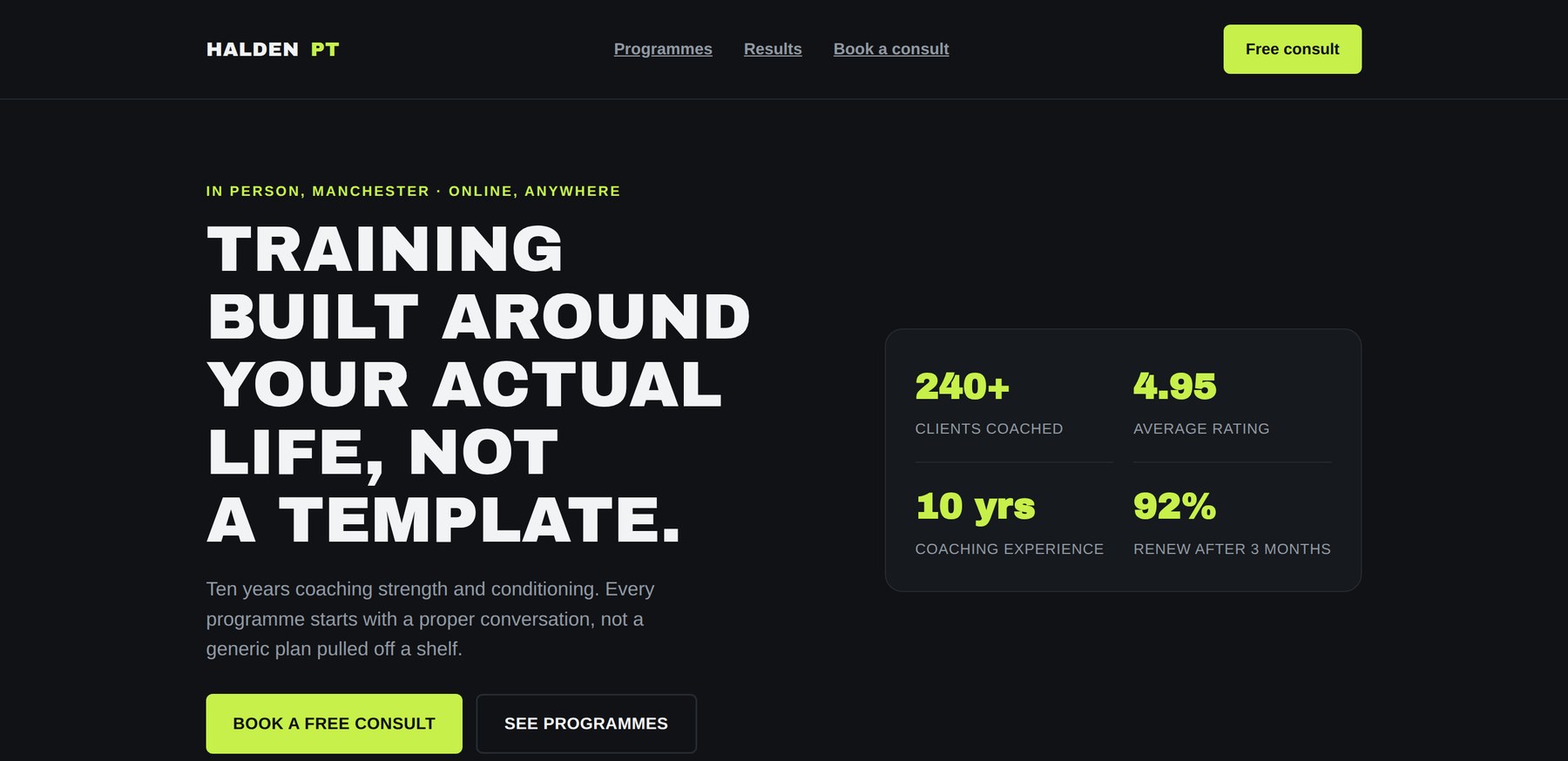 Sample site for a fictional personal training business, desktop view